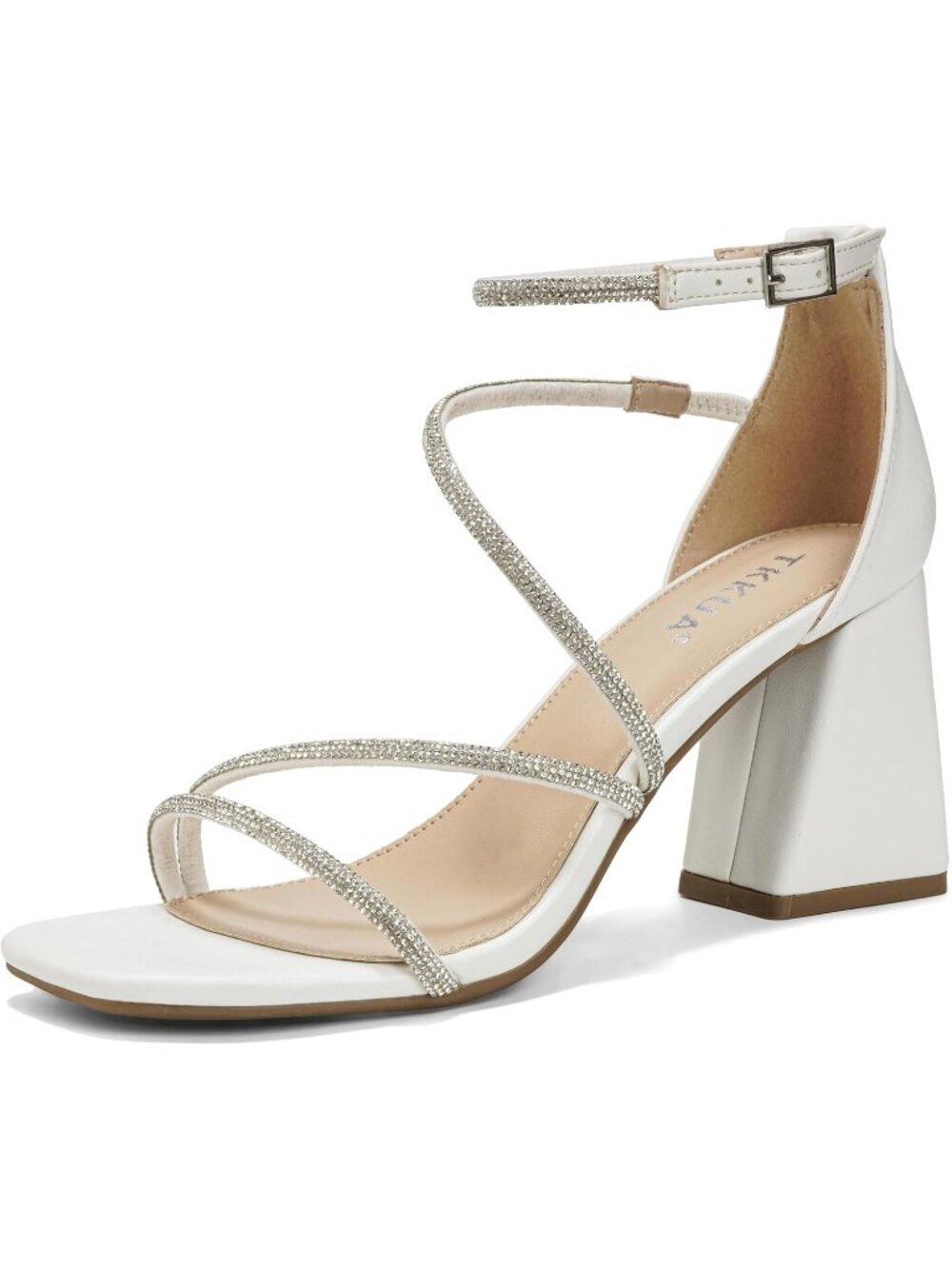 Women's White Rhinestone Strap High Heel Sandals Square Toe Chunky Heel Shoes